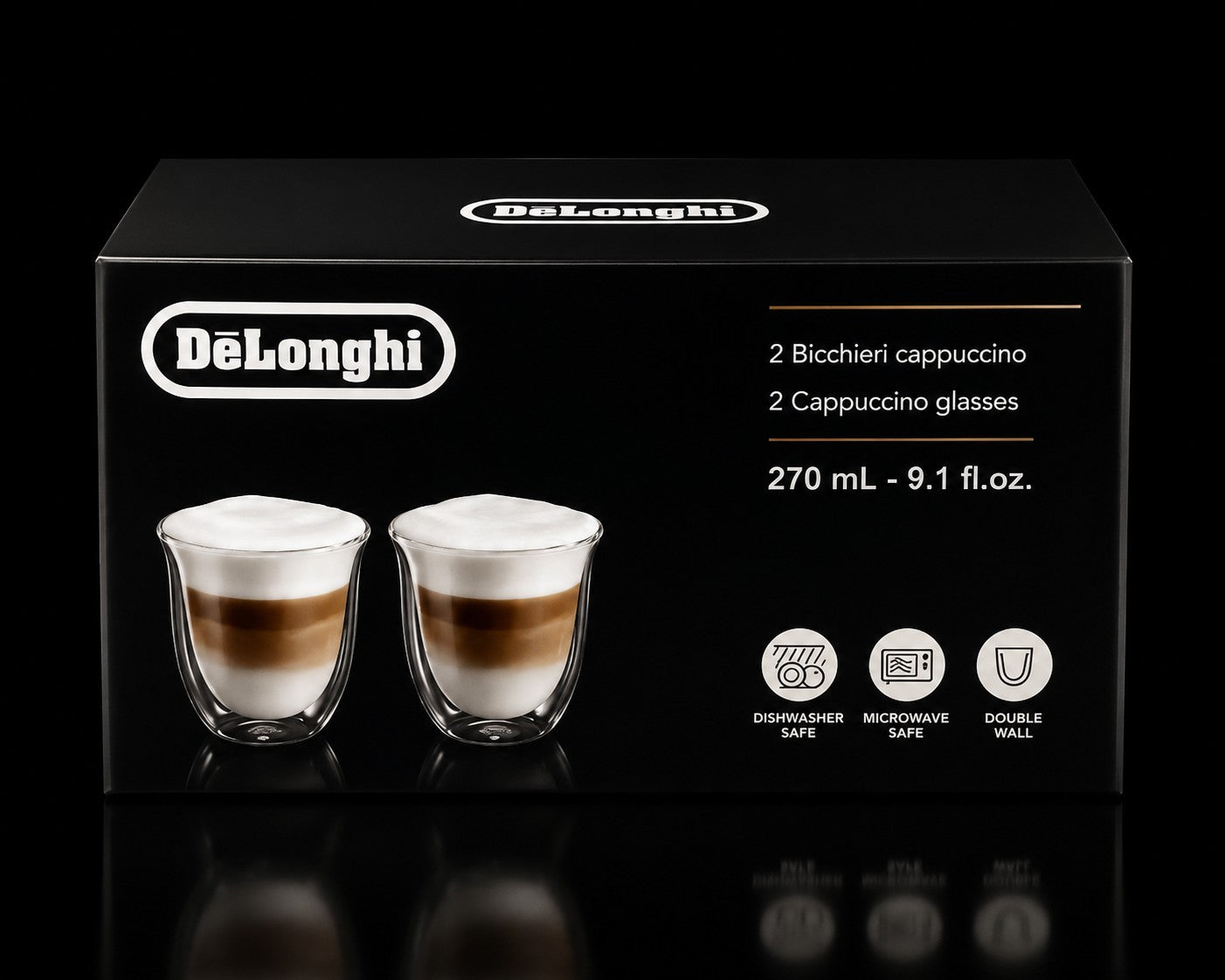 De'Longhi Cappuccino Thermo Glasses - 270ml Double-Walled Set of 2