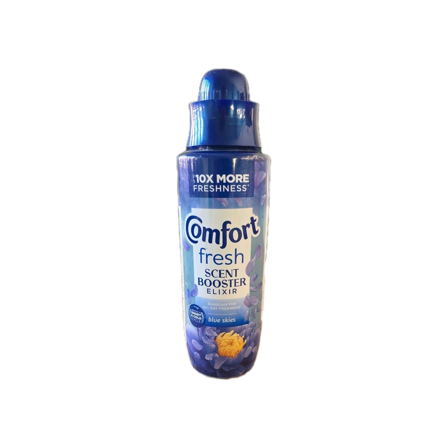 Comfort Fresh Scent Booster Elixir bottle with blue cap and blue-skies floral label