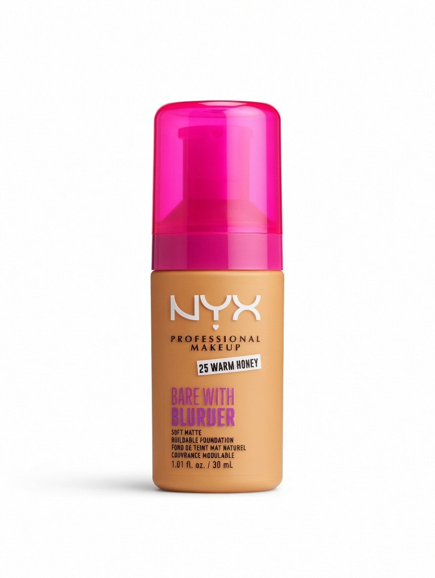 Makeup & Beauty Tools: NYX Bare With Blur Foundation in 25 Warm Honey with pink pump cap.