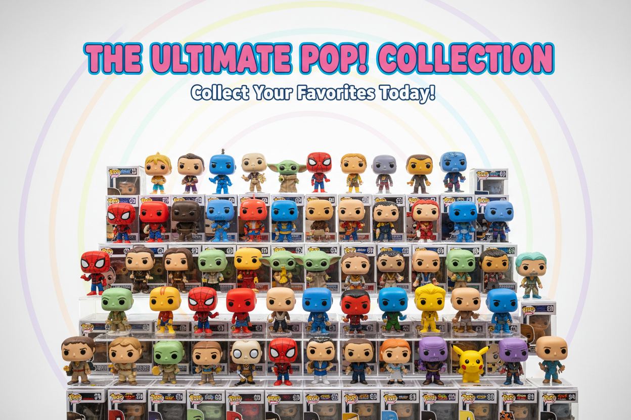FUNKO POPS collection display with hundreds of figures arranged in tiers against a pastel rainbow backdrop.
