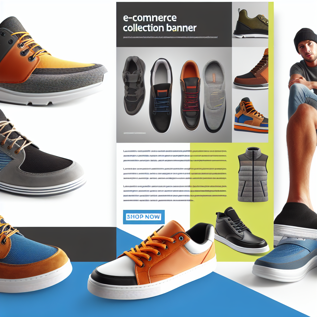 Footwear collection banner showing diverse sneakers and casual boots for everyday wear, with a shopping CTA.