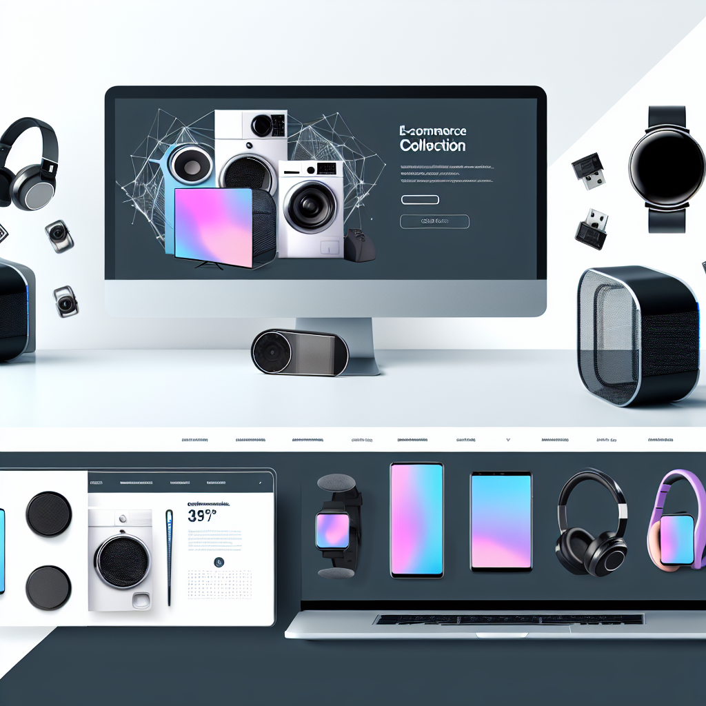 Electronics & Tech display with monitor, speakers, headphones, smartwatches, smartphones, and laptops on a modern desk.