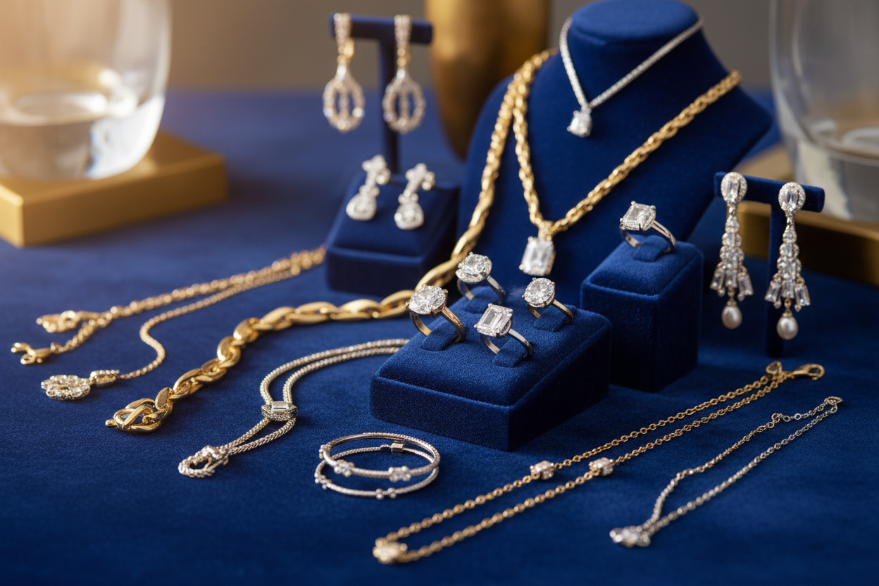Assorted jewellery on blue velvet display: rings, necklaces, bracelets, and earrings