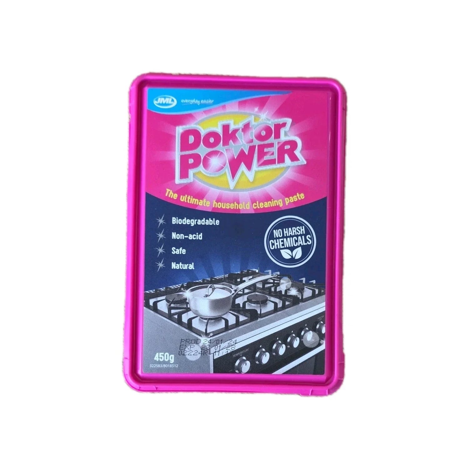 Doktor Power cleaning paste in pink bottle with stove graphic and No Harsh Chemicals badge.