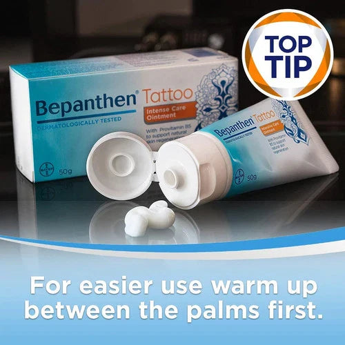Wellness Bepanthen Tattoo Intense Care Ointment for tattoo aftercare, tube and box shown.