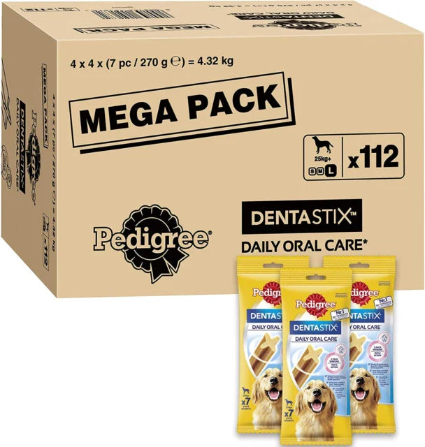 Pedigree Dentastix Mega Pack for dogs, 112 daily oral care treats in yellow packaging.