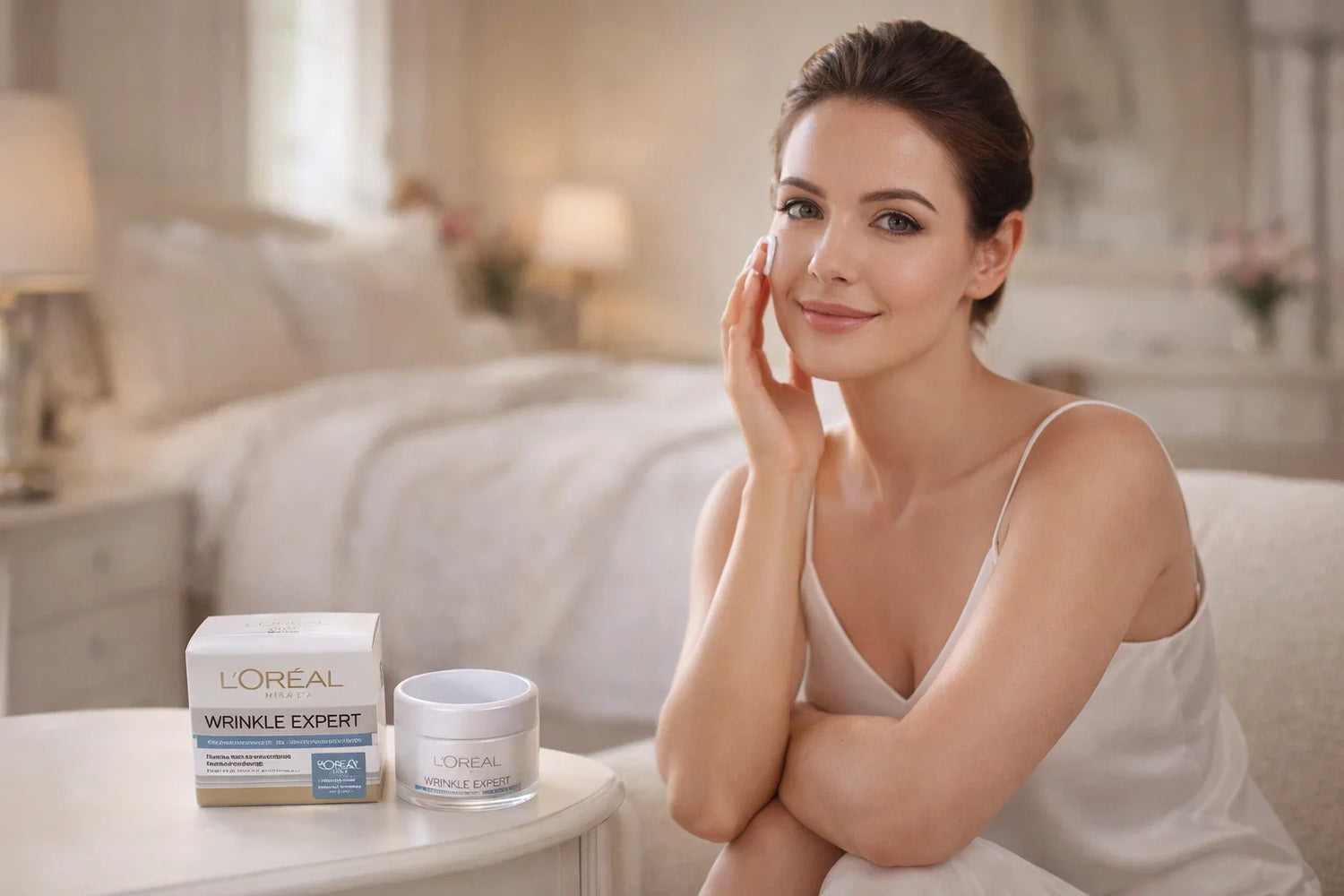 New Arrival: smiling woman in white slip near bed with L'Oreal Wrinkle Expert box and jar.