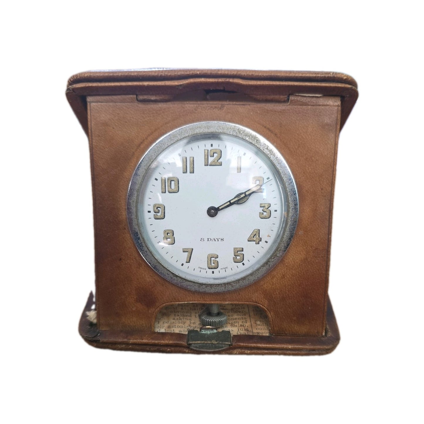 Antique Travel Clock. 8 Day Movement.  Early 1900s. Folding Leather  Case.