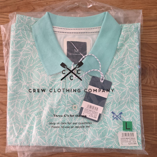Crew Clothing Company Polo Shirt Mens Large Green White Cotton Leaf Print