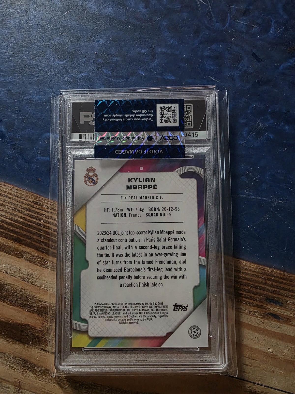 2024-25 Topps Finest UEFA Kylian Mbappe Black Refractor #/10 Real Madrid PSA 9