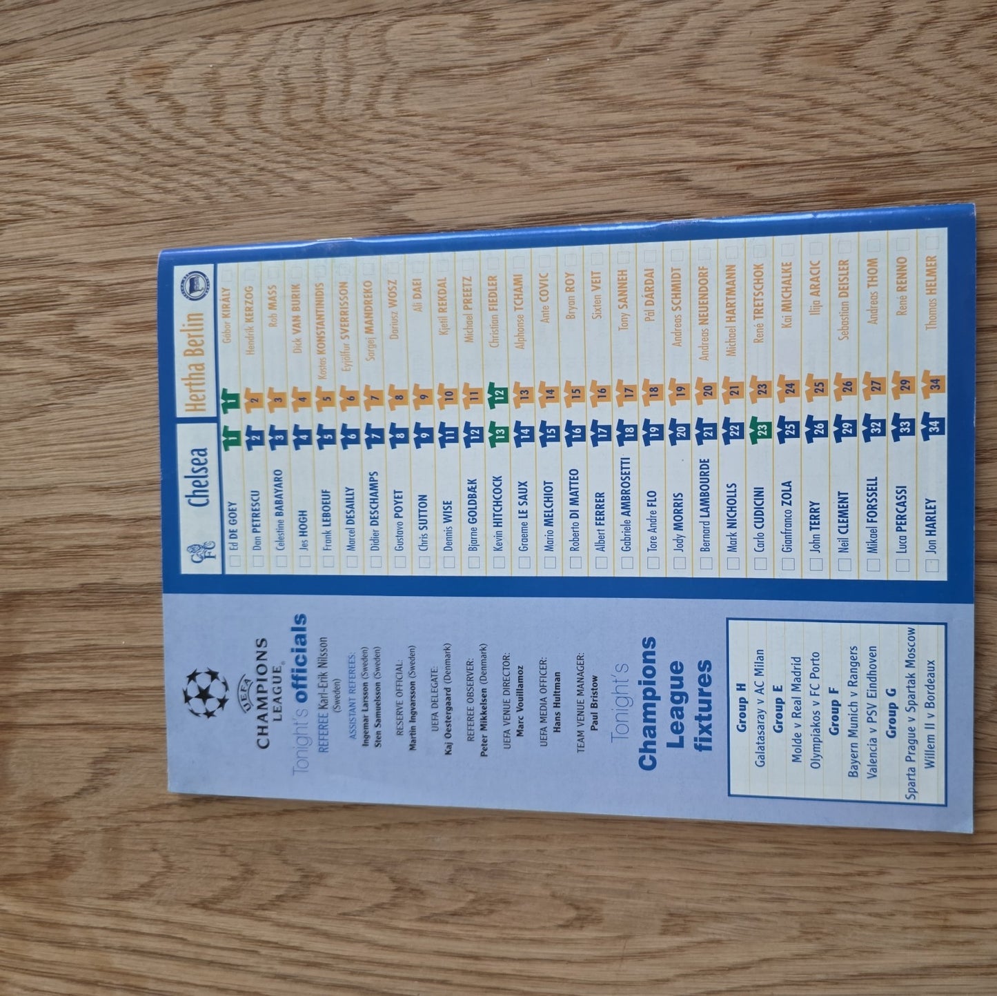 Chelsea vs Hertha Berlin Champions League Programme 3 Nov 1999 by below retail uk