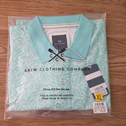 Crew Clothing Company Polo Shirt Mens XLarge Green White Cotton Leaf Print