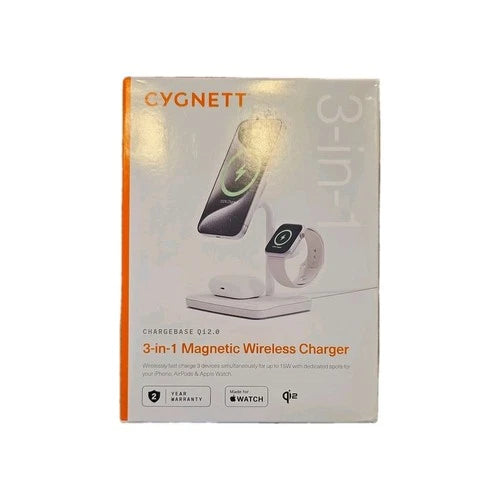 Cygnett ChargeBase 3-in-1 Qi 2.0 Magnetic Wireless Charger White by below retail uk